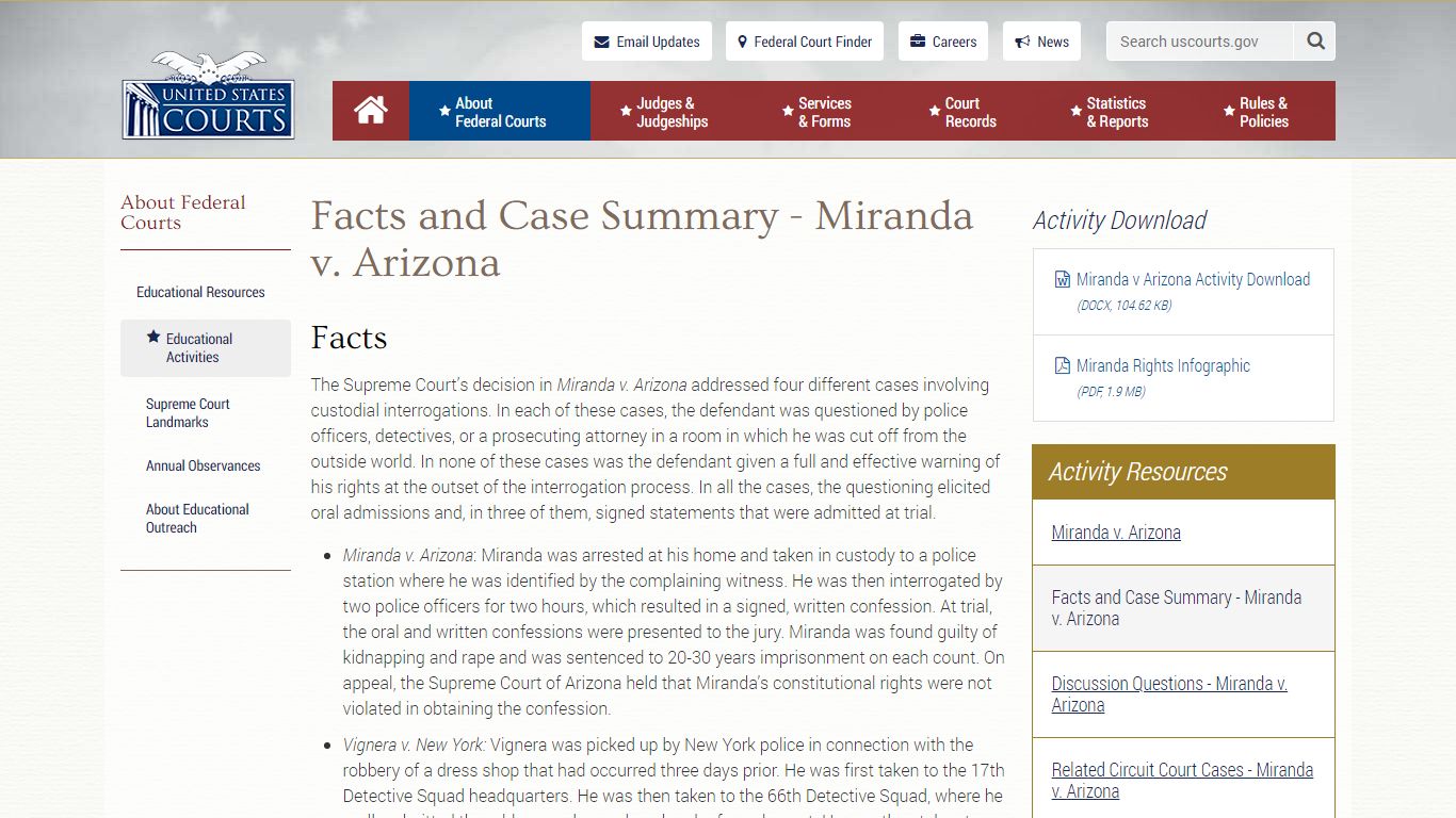 Facts and Case Summary - Miranda v. Arizona - United States Courts